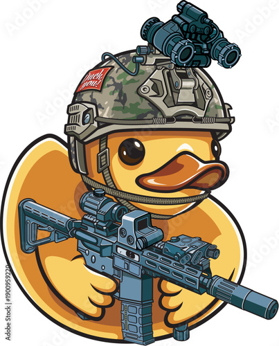 Obraz na płótnie Yellow toy rubber duck wearing military gear holding assault rifle