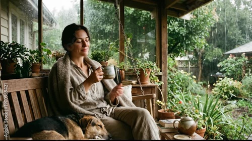 Wallpaper Mural Woman Cozy Wrapped In Blanket Drinking Tea On Porch With Dog Beside Her During A Rainy Day With Lush Green Garden Background Torontodigital.ca