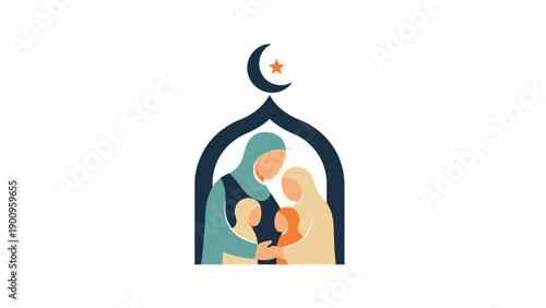 Family Illustration with Crescent Moon Symbol.