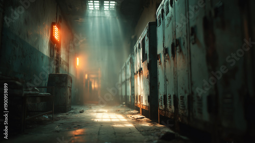 Wallpaper Mural Abandoned prison corridor with rusty lockers, dirty floor, dramatic light beams creating dark isolation atmosphere.
 Torontodigital.ca