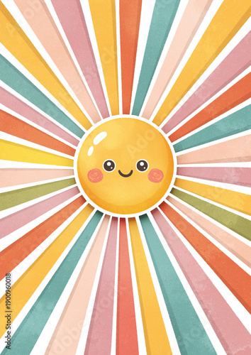 Cute Smiling Sun with Colorful Rainbow Rays Illustration. Boho sun. Nursery Art. whimsical sun illustration. You are my sunshine