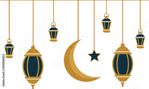 Eid mubarak decorative lanterns and cresent moon hanging ornaments. 