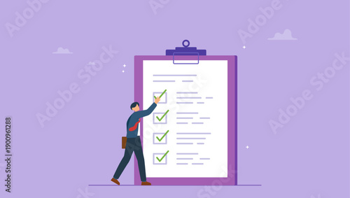 Businessman put tick on complete checklist on paper clipboard. Complete checklist or finishing checkbox, task done within deadline, complete tasks list or project, approval or achievement.