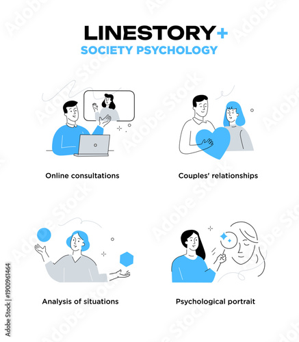 Collection of illustrations: people conducting a master class. Psychology, problems, relationships, family. linear illustration Icons infographics. Landing page site print poster. Line story