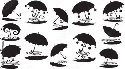 Black umbrellas in various states on white background illustration