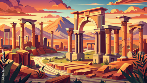 Very beautiful view of Timgad ancient ruins, showcasing Decumanus Maximus street, Roman colonnades, and Trajan’s Arch within Algeria’s remarkable archaeological heritage.