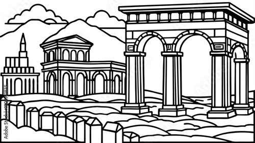 Very beautiful view of Timgad ancient ruins, showcasing Decumanus Maximus street, Roman colonnades, and Trajan’s Arch within Algeria’s remarkable archaeological heritage.