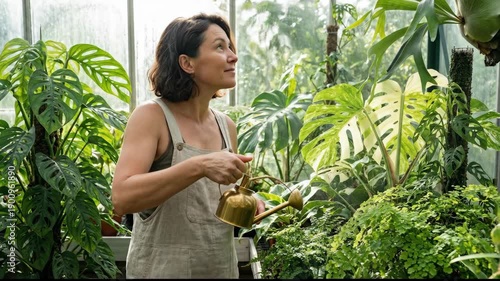 Wallpaper Mural Woman Watering Lush Green Plants in a Sunlit Greenhouse Torontodigital.ca