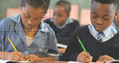 Animation of math formulas over african american pupils learning at school