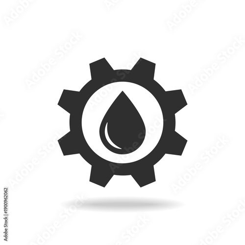 Industrial gear with drop of oil icon. Lubricating oil for technical use. Sign isolated on white background. Vector illustration