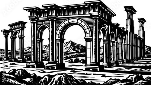 Very beautiful view of Timgad ancient ruins, showcasing Decumanus Maximus street, Roman colonnades, and Trajan’s Arch within Algeria’s remarkable archaeological heritage.