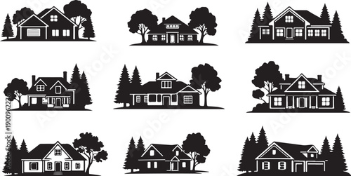 Black and white houses with trees in silhouette style