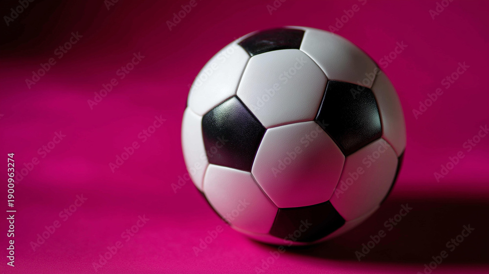 Naklejka premium Classic black and white soccer ball, vibrant pink background, minimalist sports photography, bold color contrast, modern athletic aesthetic, creative football imagery, with copy