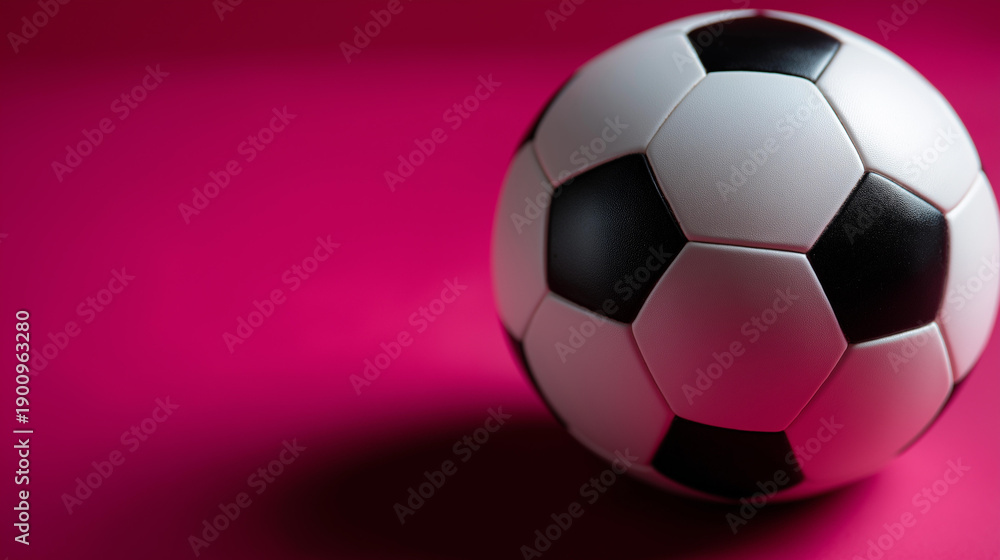 Naklejka premium Classic black and white soccer ball, vibrant pink background, minimalist sports photography, bold color contrast, modern athletic aesthetic, creative football imagery, with copy