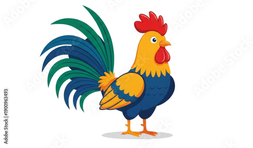Colorful Cartoon Rooster with Majestic Spread Tail Feathers Vector Illustration