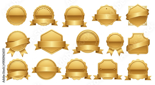 A collection of golden badges ribbons and seals are displayed against a stark white background offering design elements