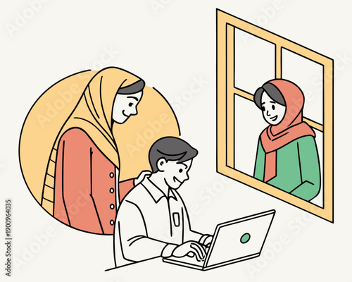 people using laptop and looking at window