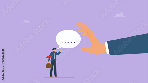 Businessman hand reject or deny employee request. Rejection, decline or refuse in conversation, say no or disapprove, disagreement, deny request or manager decision authority, work conflict.