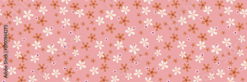 Seamless vector floral pattern with small cream, brown, and pink flowers on a soft rose background. Cute retro botanical design for textiles, stationery, and wrapping paper