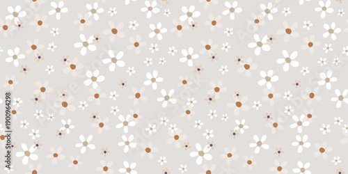 Seamless vector floral pattern with soft white and beige flowers on a light taupe background. Elegant minimal design for textiles, packaging, and home decor