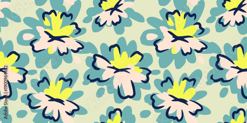 Seamless vector pattern with abstract yellow, teal, and beige flowers outlined in dark blue on a light green background. Modern floral design for fabric, wallpaper, and packaging