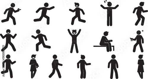 Set of man drawing, different poses, stick figure people pictogram. Freehand drawing. Vector illustration. Isolated on white background