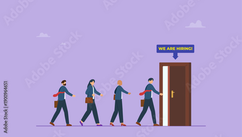 Business people applicant walking at hiring company office. Hiring opportunity, apply new job, career candidate, interview applicant or employment, job seeker or talent search, diversity.