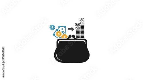 Black purse with money and coins.