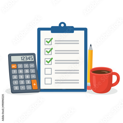 Checklist with calculator and coffee cup