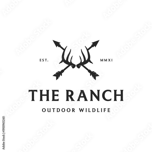 Vintage hipster outdoor adventure hunting logo template design, with gun and arrow concept.Logo for business, badge, and insignia.