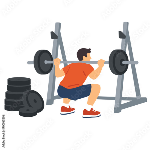 Man squatting with weights in gym environment
