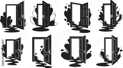 Set of black and white door silhouettes with creative effects