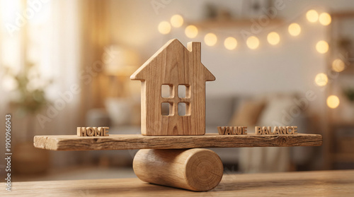 A wooden house model balances on a seesaw with home and value words in a cozy living room