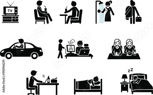 daily routine icon set, people lifestyle activities, home and work life, morning evening habits, human actions silhouettes, flat symbols