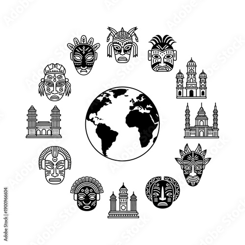 Cultural Masks and Landmarks Around World.