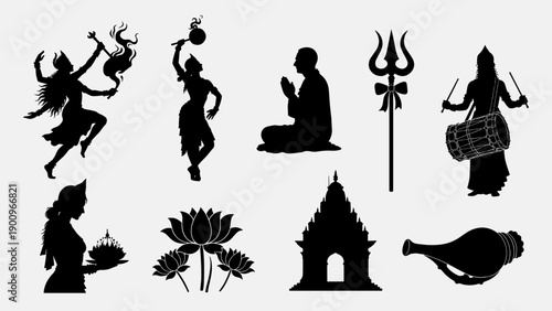 Maha Ashtami vector silhouette set of Durga Puja festival featuring goddess, dhaki drummer, dancer with fire, praying devotee, trishul, temple, and lotus flower for religious design.