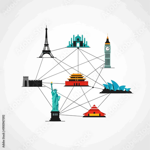 Famous Landmarks Connected by Lines.