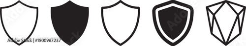 A set of five different shield icons in outline and filled styles, representing security and protection concepts