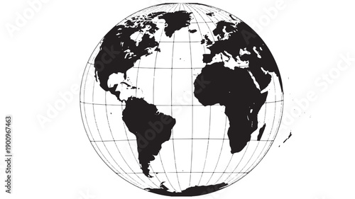 Globe world map silhouette with latitude longitude grid, black and white Earth sphere showing continents, minimal cartography design for travel, geography and education