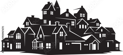 Black and white illustration of a suburban neighborhood scene