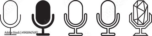 A row of five black and white microphone icons representing different styles and states of audio recording technology.
