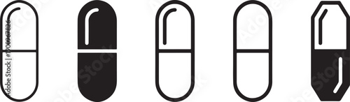 Five minimalist black and white icons of pill capsules arranged horizontally in a row