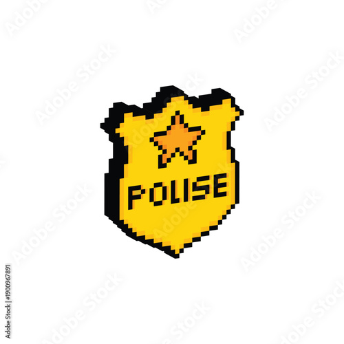 3D isometric  pixel art police badge 8 bit vector icon for computer game logo
