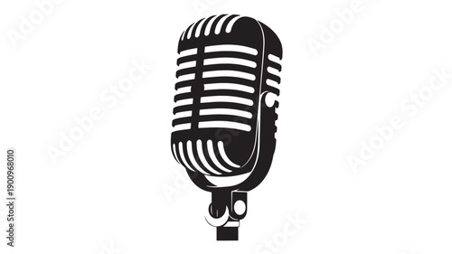 Microphone vintage retro radio icon in black silhouette, classic studio mic for podcast, broadcast, music recording, karaoke and audio equipment logo design