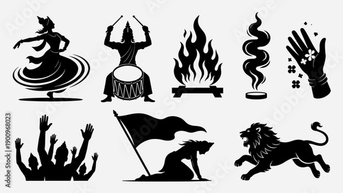 Maha Ashtami vector silhouette set with Durga Puja dhak drummer, dancer, praying crowd, ritual fire, smoke, lion, and offering hands for religious Hindu festival design.