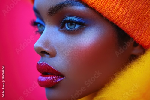 Bold beauty and fashion in colorful lifestyle portraits featuring a model with striking makeup