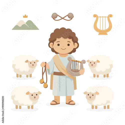Shepherd boy with sheep and musical elements collection