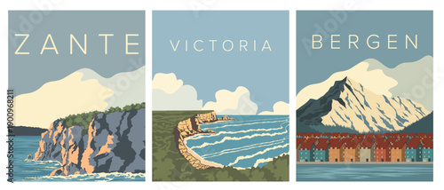 Travel poster set, Greece, Australia, Norway