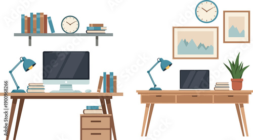 Home office workspace interior set, desk computer laptop books lamp shelves clock frames plants vector illustration collection
