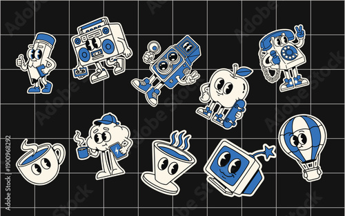 Cute retro 90s blue white cartoon mascots, anthropomorphic objects